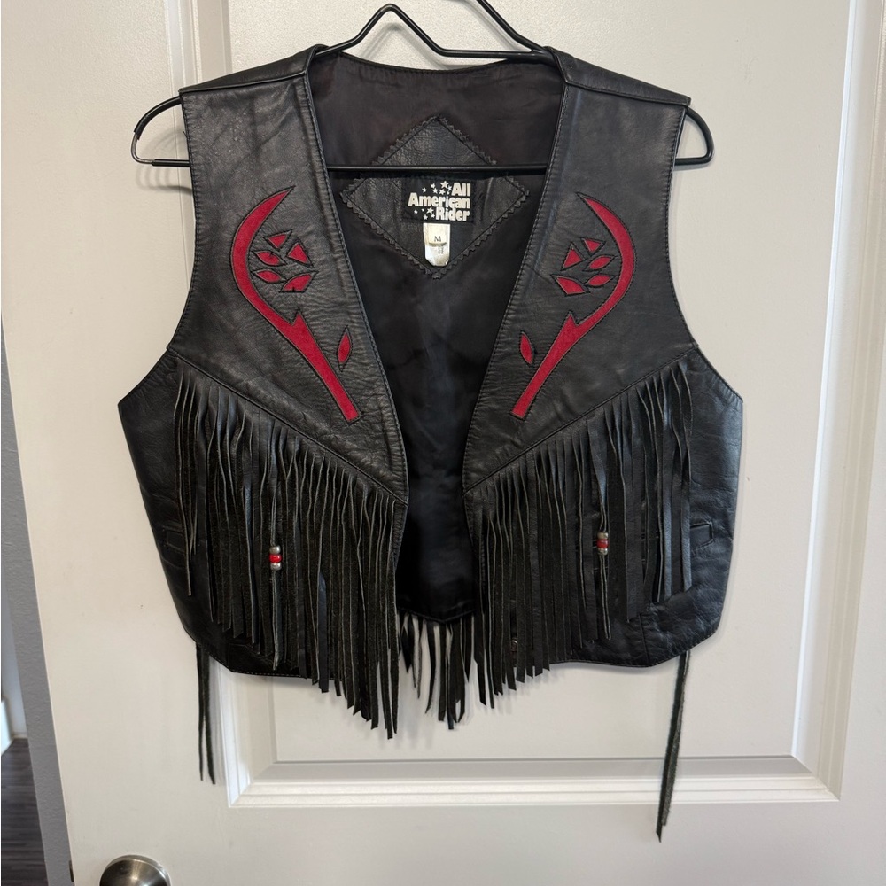 All American rider, Black Leather Fringe Vest with Red Accents